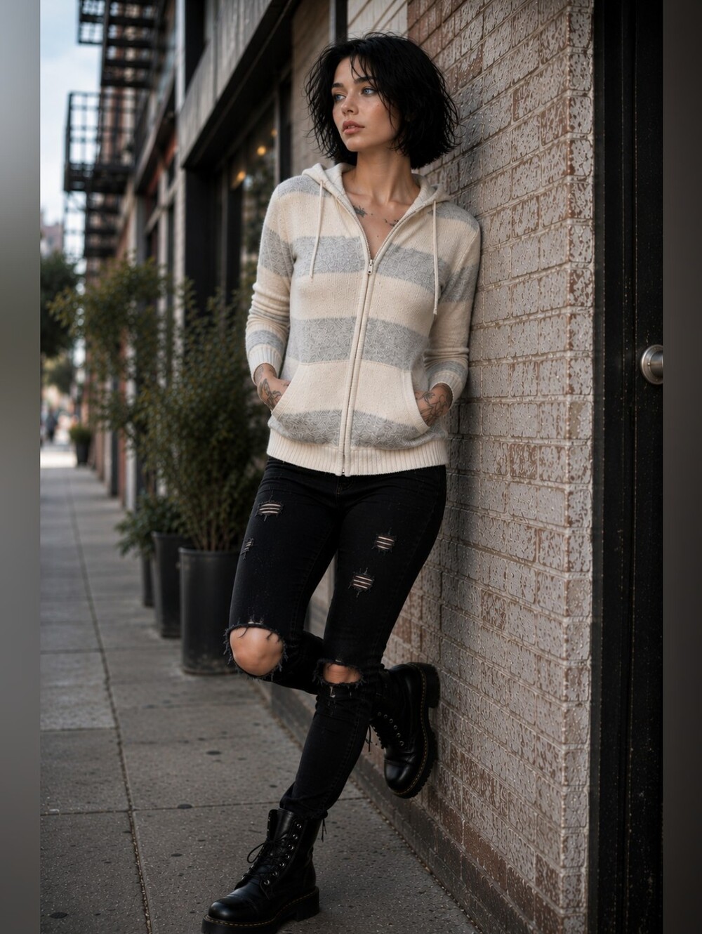 Brandy Melville Alana Wool Stripe Zip Up Hoodie Sweater Cream Gray One Size CC